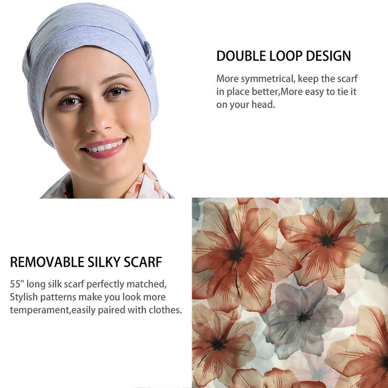 JarseHera Bamboo Cotton Liner Chemo Headwear for Womenwith Silky Scarfs for Cancer Hair Loss Sleep Caps Beanie (Light Gray+Light Pink,2 Pair) - Image 3